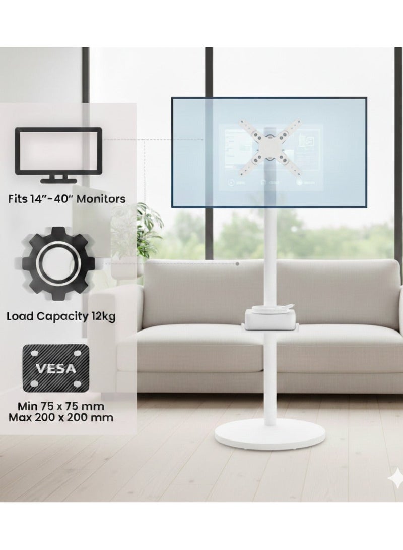 BEETEC Mobile Monitor Stand for 14"–40" Screens, VESA 200x200mm, 12kg Load Capacity, Adjustable Height, Tilt, Swivel & Rotation, with Wheels and Storage Tray, White | TF-FMS801W - Image 2